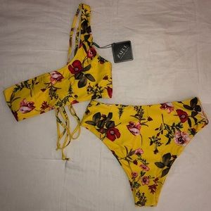Floral Lace-Up One Shoulder Bikini Set Yellow 6/M